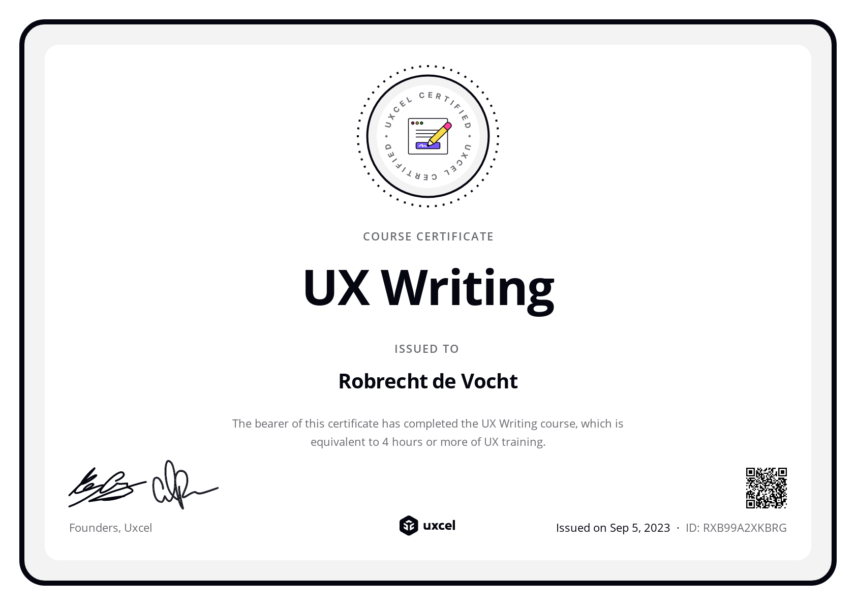Robrecht de Vocht's certificate